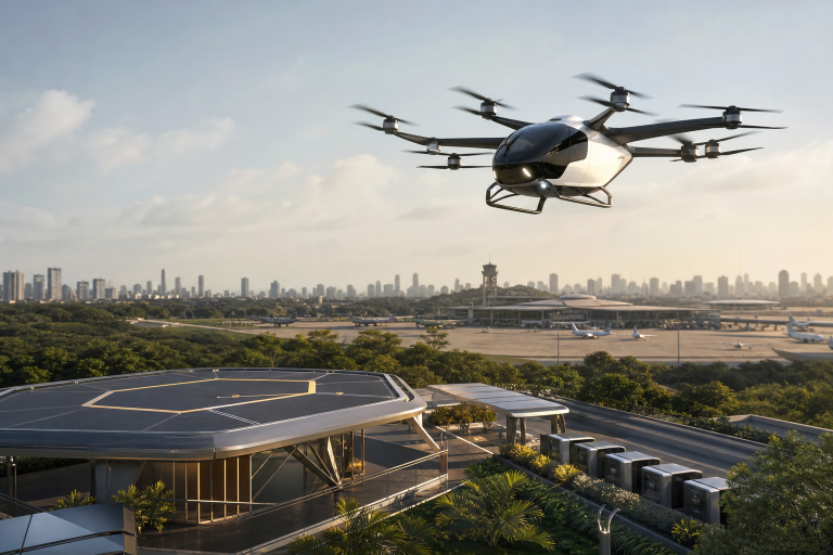 Aeronave elétrica eVTOL sobre área urbana próxima a um aeroporto brasileiro