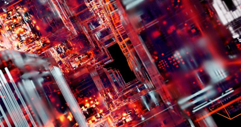 Imagem abstrata de circuitos digitais futuristas com efeitos luminosos.